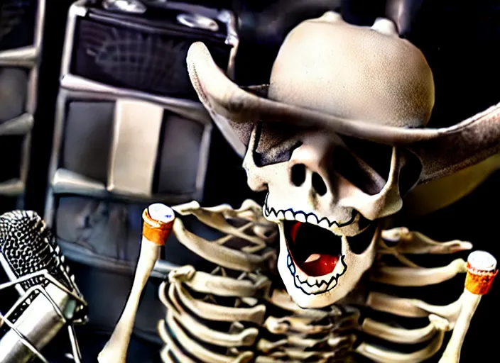 Image similar to an enraged cowboy skeleton man screaming into a microphone while kicking over piles of soda cans in a rundown radio station studio