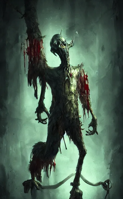 Image similar to photorealistic fantasy concept art of pinocchio as a monster, with bloody dripping down his face and mouth, dynamic lighting, cinematic, ultra detailed, stunning visuals, creative, trending on art station