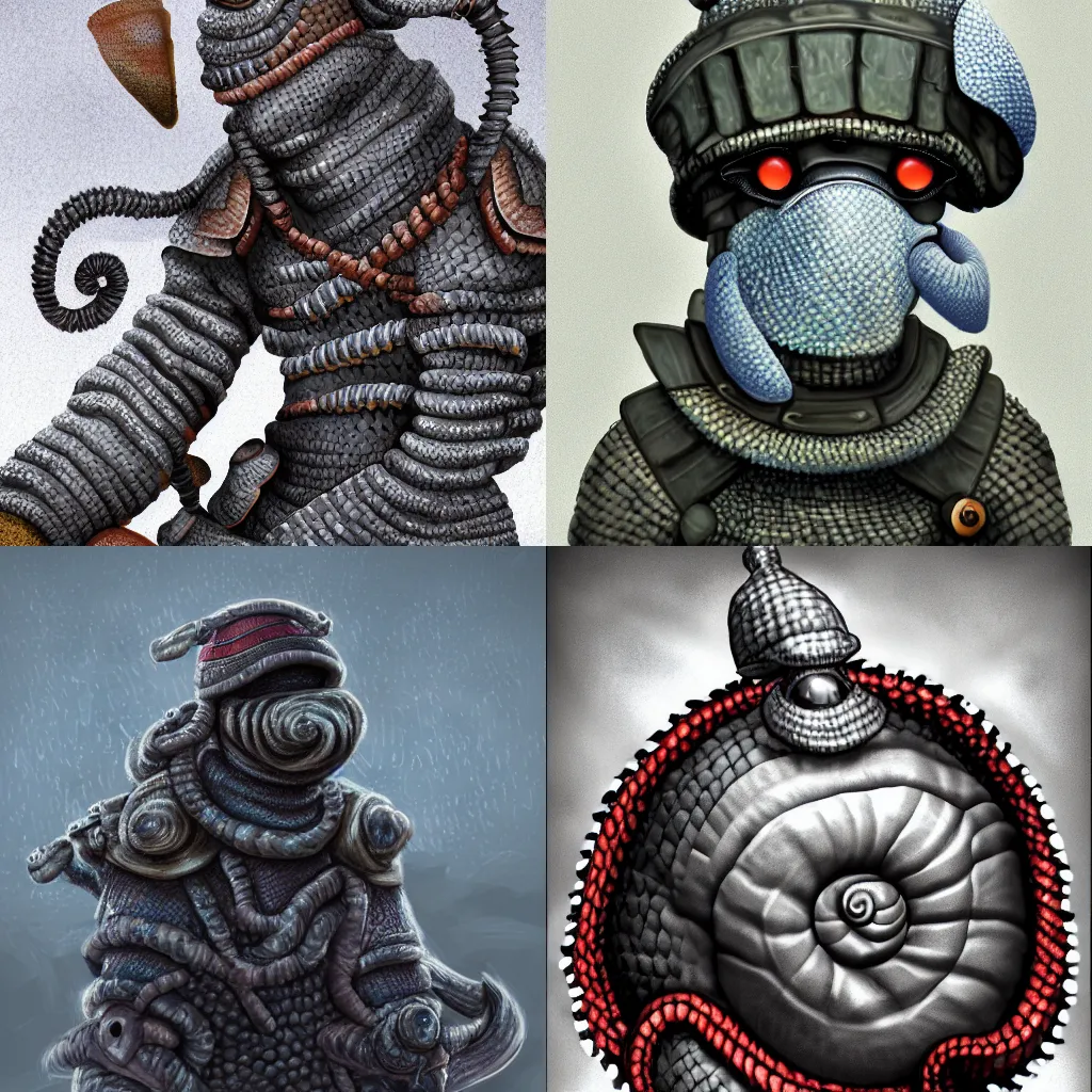 Prompt: snail chainmail soldier, digital art, 4 k