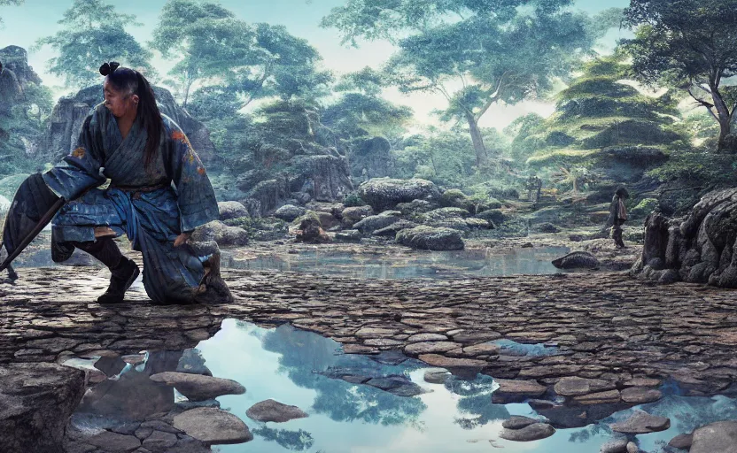 Image similar to highly detailed digital illustration of samurai kneeling in the blue puddle in old, ruined, japanese village from sengoku period, surrounded by dense rock formations, high in mountains, cinematic lighting, photobash, raytracing, volumetric lighting