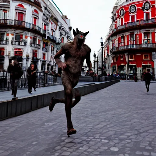 Image similar to a werewolf running in the Callao Square in Madrid.