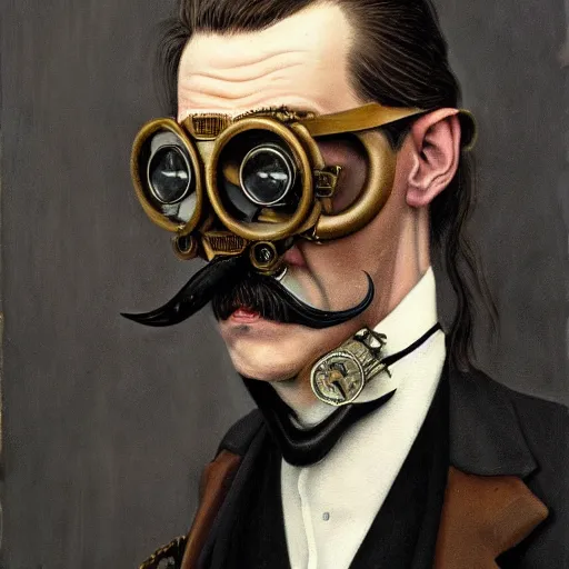 Prompt: a hyperrealistic painting of a steampunk victorian villain, brass goggles, handlebar moustache, tattered suit, by john kenn mortensen, highly detailed,