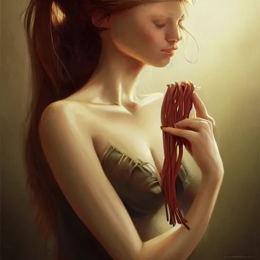 Prompt: a beautiful woman tied to a chair with spaghetti, painting by Charlie Bowater and artgerm