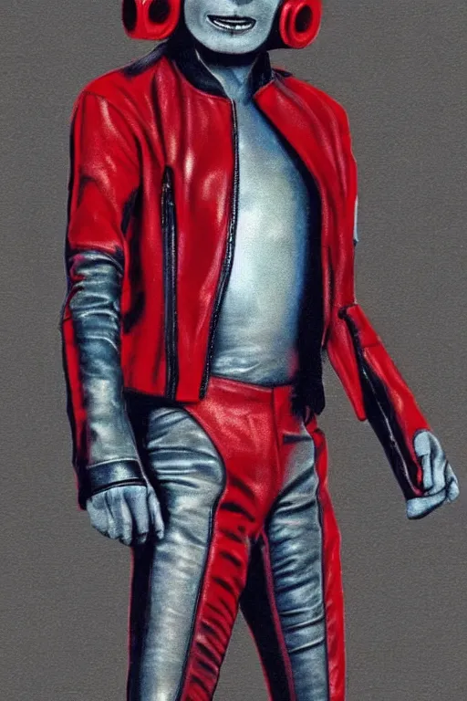 Prompt: michael jackson as a sectoid, grey alien, wearing the red leather motorcycle jacket from thriller, cyberpunk, digital illustration.