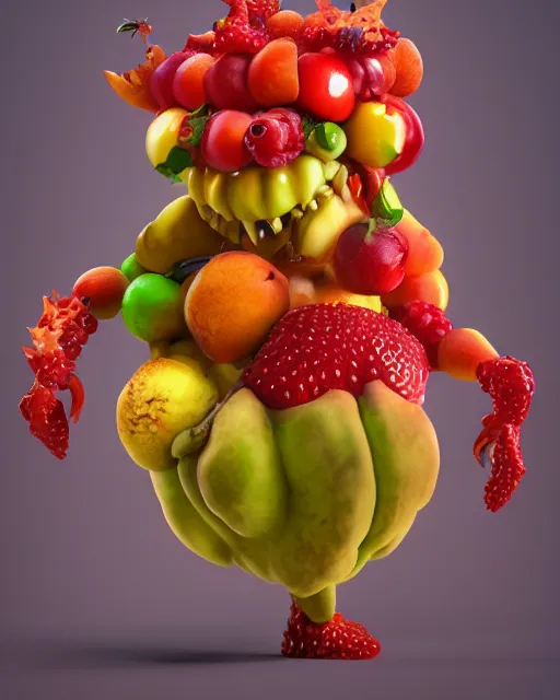 Image similar to a fruit figurine monster made of different fruit, concept art, oil painting, highly detailed, dramatic lighting, hyperrealistic, 8 k, artstation, cgsociety
