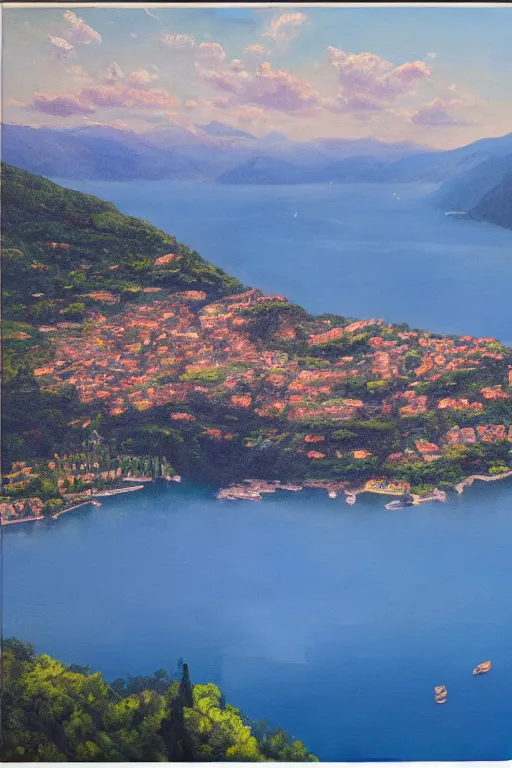 Image similar to Highly detailed oil painting of Lake Como, wide shot, daylight, blue sky, summer, dramatic lighting, award winning, highly detailed, medium format photography, cinestill 800t.