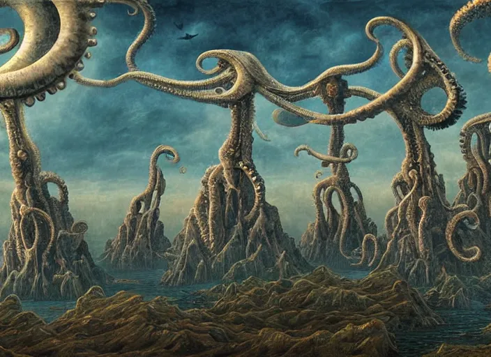 Prompt: lovecraftian structures in the sky by bosch, highly detailed digital painting