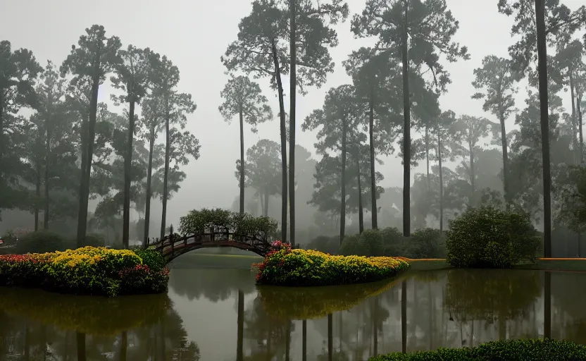 Image similar to augusta national, the masters, many beautiful flowers and magnlia trees, completely flooded with brown water during rain storm, beautiful ambient light, fog,