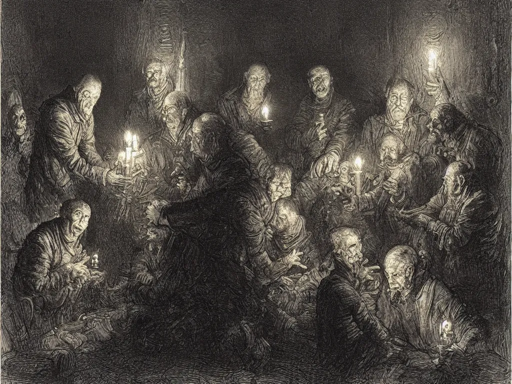 Prompt: Expressive portrait of a gang of old frankensteins. Candlelight. Painting by Gustave Dore, rembrandt