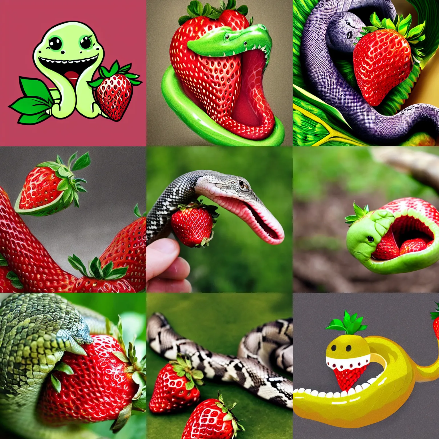Prompt: happy snake eating a strawberry, realistic