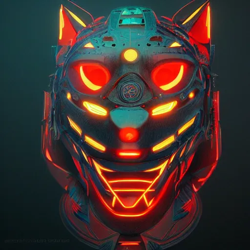 Image similar to cybertronic tribal mask, fox, japanese pottery, vivid colors, wood, metal, intricate details, trending on cgsociety, concept art, glowing eyes, sharp focus, ultra realistic details, cinematic atmosphere, global illumination, shadows