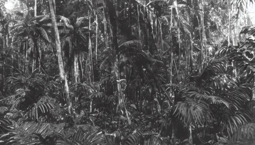 Image similar to lost film footage of a sacred object in the middle of the tropical jungle / film still / cinematic / enhanced / 1 9 2 0 s / black and white / grain