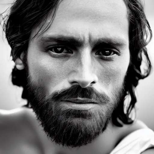 Image similar to photograph portrait of Jesus Christ, B&W, Vogue magazine, taken on 1970s kodak camera, grainy, kodak, fashionable, 4k, very realistic, hiper detailed, trending on artstation, award winning, photorealistic, studio, 35mm