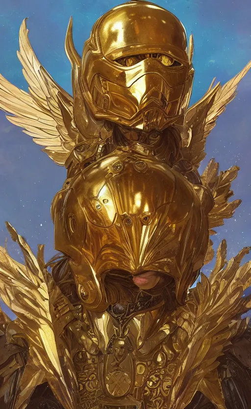 Image similar to Portrait of an archangel with golden wings, heavy armor and helmet, confident, heaven background, intricate, headshot, highly detailed, digital painting, artstation, concept art, sharp focus, cinematic lighting, illustration, art by artgerm and greg rutkowski, alphonse mucha, cgsociety