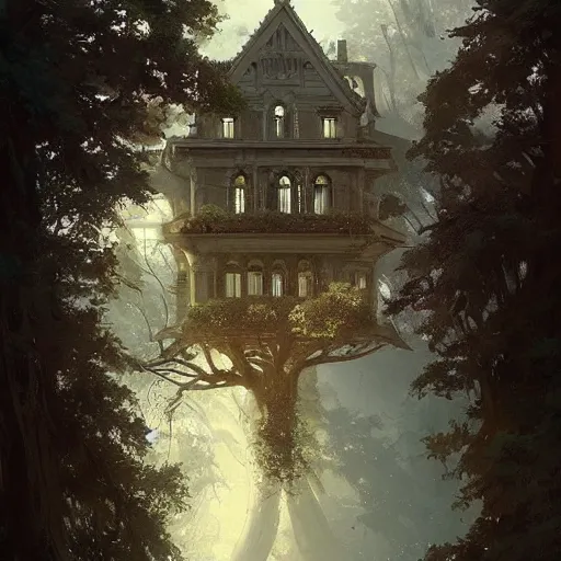 Image similar to A mansion in the tree , Greg rutkowski, Trending artstation, cinematográfica, digital Art