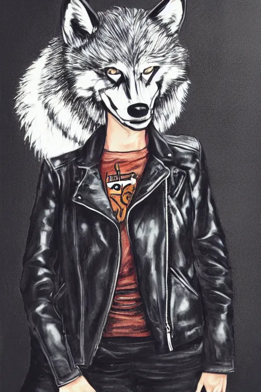 Image similar to portrait of a punk girl in a leather jacket wearing a wolf's head, artwork by boneface