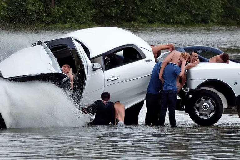 Image similar to Group of teenagers push Rolls-Royce into lake with their hands from a small slide wanting to drown him