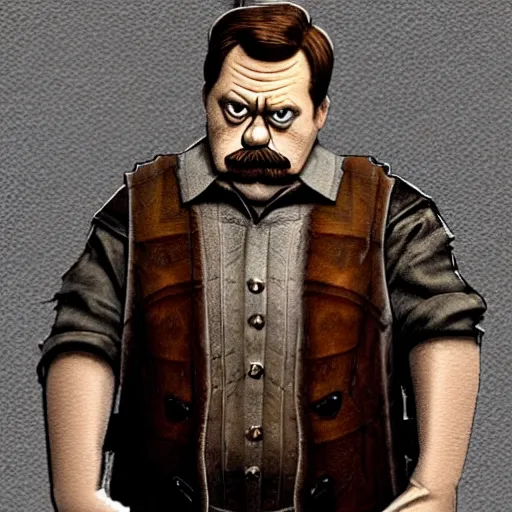 Prompt: ron swanson is a dwarven cleric trying to pick the lock of a wooden door in the side of a warehouse. he is frustrated.