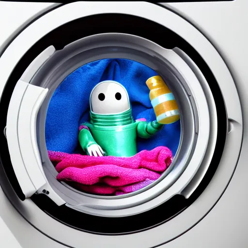Image similar to photograph of circular door of washing machine washing colorful clothes and a toy astronaut. 8k resolution. hyperrealistic.