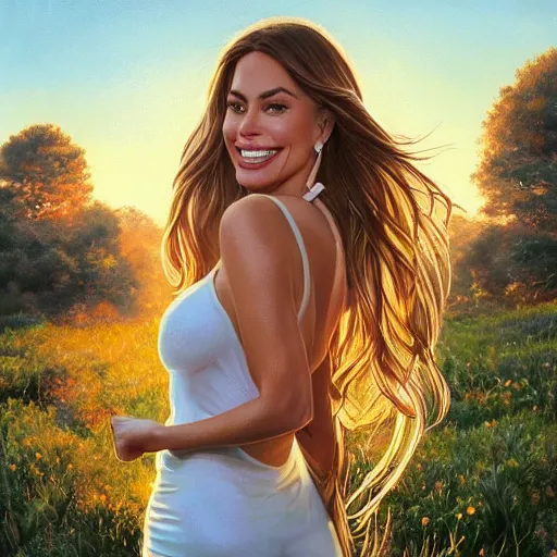 Image similar to clear portrait of sofia vergara, adorable appearance!!!, golden hour, happy apearance, cottagecore!!, background hyper detailed, character concept, full body, dynamic pose, intricate, elegant, highly detailed, digital painting, artstation, concept art, smooth, sharp focus, illustration, art by artgerm and greg rutkowski and alphonse mucha