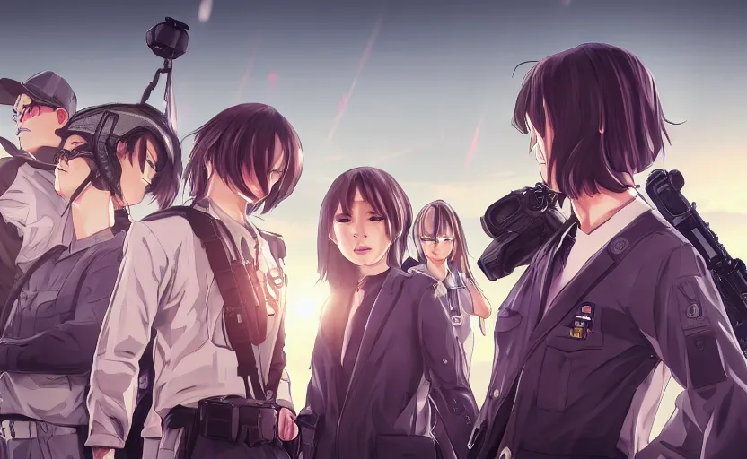 Prompt: anime style, gta 5, panoramic view, searchlights in background, soldier clothing, hair down, real face, symmetrical facial features, from arknights, hyper realistic, extreme detail, detailed drawing, trending pixiv, safebooru, d & d, realistic lighting, by alphonse mucha, greg rutkowski, sharp focus, backlit, mechanized transport