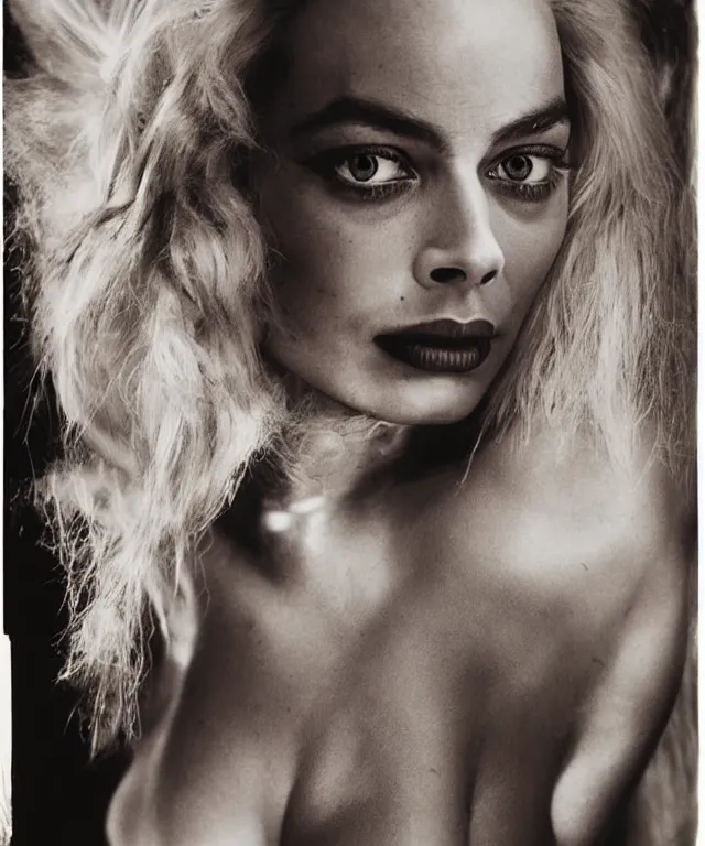 Prompt: photograph of margot robbie, by joel peter witkin, platinum blond, intense, bold, exaggerated, ultra sharp, extra details, ultra high quality, trending on pinteresst