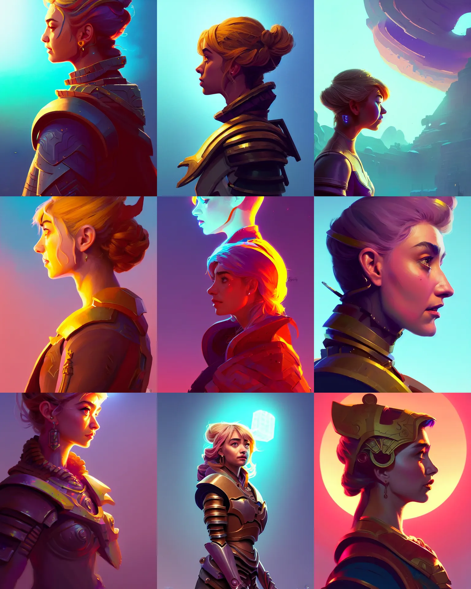 Prompt: side - profile painted portrait, imogen poots as a paladin, bright backlit, key lighting, smooth, gaudy colors, maya render, octane render aesthetic, gloomhaven! matte painting concept art, official fanart behance hd artstation by james gilleard, jesper ejsing, lois van baarle, ilya kuvshinov