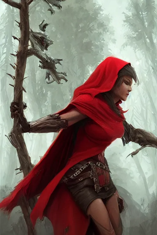 Prompt: amazon red riding hood, d & d, fantasy, highly detailed, digital painting, trending on artstation, concept art, sharp focus, illustration, art by artgerm and greg rutkowski and magali villeneuve