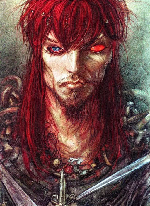 Image similar to portrait of one eyed wizard, beautiful! coherent! dungeons and dragons character, by brian froud, strong line, deep color, chainmail, short red hair, high contrast
