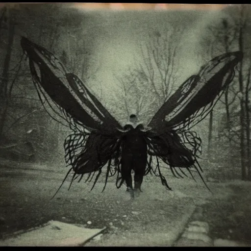 Image similar to mothman flying at the camera, polaroid, blurry, scary, found footage horror, terrifying