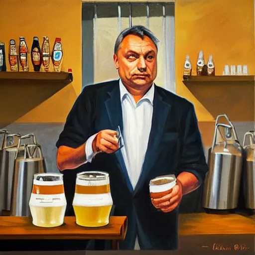 Image similar to viktor orban brewing beer in his kitchen, oil painting