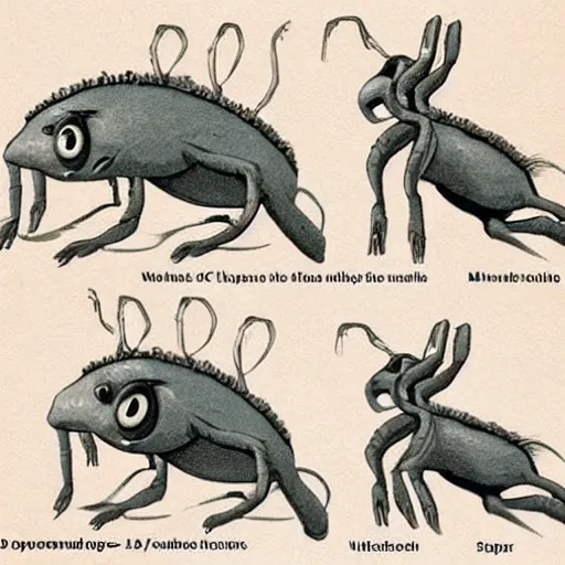 Image similar to These aliens are a type of mammal. They have two arms and six legs, with a long, thick tail. They have six eyes which sit gracefully in their sockets and can often make them appear to be agitated. Their eyesight is excellent. Their small mouths and huge noses often make these aliens appear to be distant, but looks can be deceiving. Their ears are large and their hearing is a bit poor. They also have small horns on their hands. Their skin is smooth, elastic and quite strong. It's covered lightly in tiny hairs. Their skin colors are mostly brown and light silver, which tend to become faded as they age. The males are usually bigger than their female counter part and their colors are more varied. The females, however, are usually more gracious.