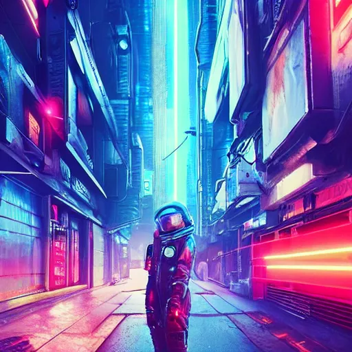 Image similar to professional photo of astronaut on cyberpunk street, synthwave, blade runner 2 0 4 9, hyperrealistic masterpiece, trending on artstation, cgsociety, kodakchrome, golden ratio, cinematic, composition, beautiful lighting, hyper detailed, sharp focus, octane render, 4 k, unreal engine