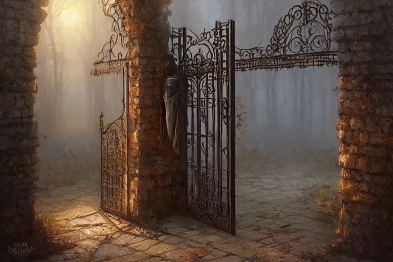 Prompt: large rustic intricately decorated cast iron gate, a view to an eerie fantasy world, ethereal back light, mist, coherent composition, by artgerm, greg rutkowski, noriyoshi ohrai, yuumei