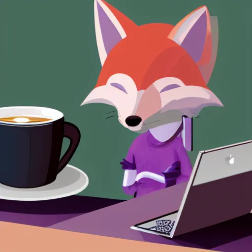 Image similar to Light pink anthropomorphic fox with purple hair typing at a computer on a desk with a coffee cup steaming next to it