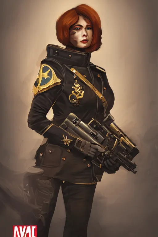 Image similar to Portrait of female commissar. warhammer 40k setting. Shaded lighting. by Ilya Kuvshinov, Rob Rey, Giuseppe Dangelico Pino. Cinematic. Dark Lighting. Rule of Thirds. Imposing, pointing, heroic, detailed, realistic, 8k, photorealistic