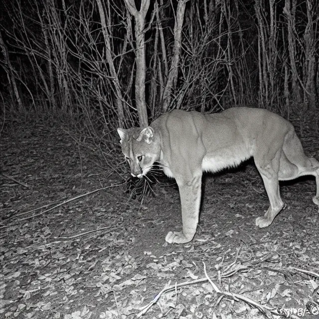 Image similar to cougar in forest at night, night vision goggles, shot from ground up, grainy