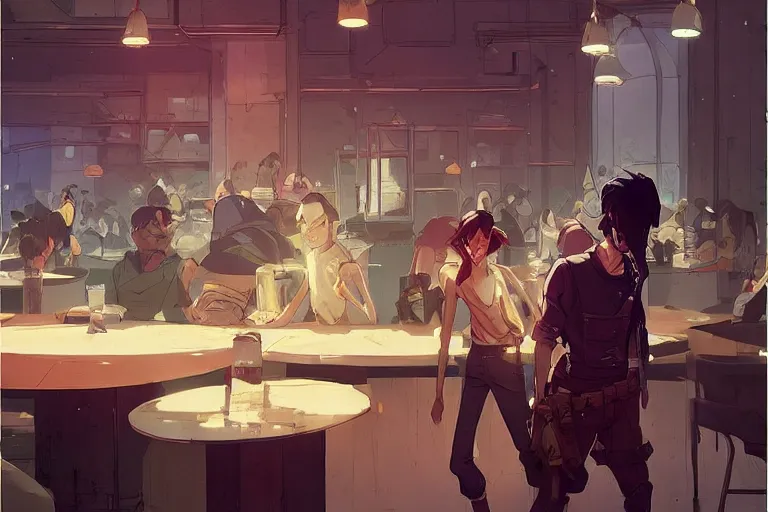 Image similar to a worried person in a crowded busy dystopian cafeteria interior behance hd artstation by jesper ejsing, by rhads, makoto shinkai and lois van baarle, ilya kuvshinov, ossdraws, that looks like it is from borderlands and by feng zhu and loish and laurie greasley, victo ngai, andreas rocha