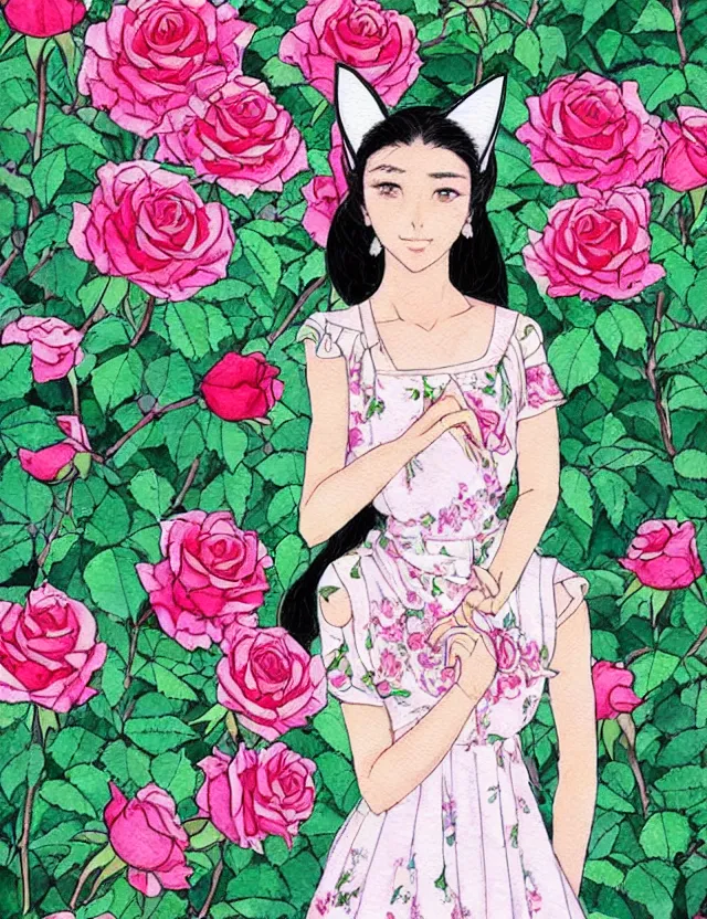 Image similar to central asian woman with cat ears, wearing a lovely dress in a rose garden. this watercolor painting by the award - winning mangaka has impeccable lighting, an interesting color scheme and intricate details.