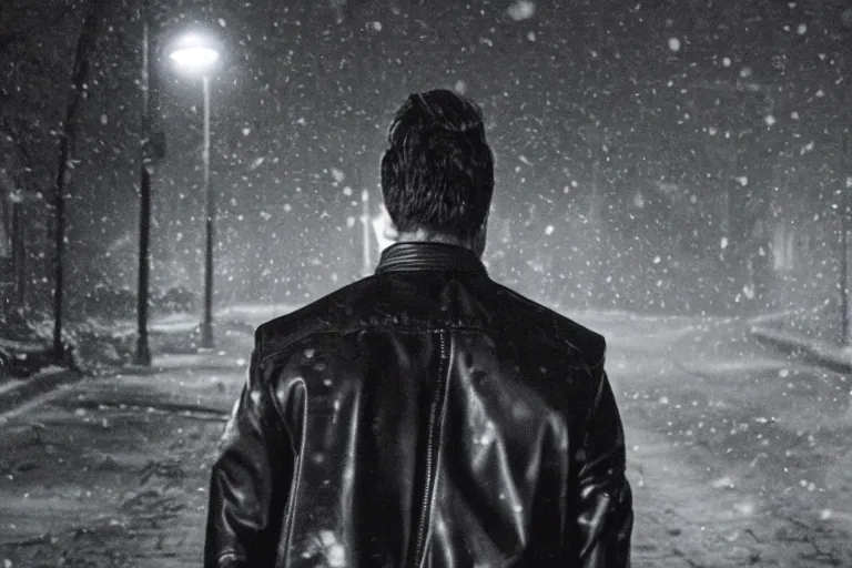 Image similar to movie shot of young man from back pacing lowering head dressed in short leather bomber jacket to empty narrow alley with street lamps in park with pines to the horizon, with hands in pockets, snowfall at night, mullet long haircut, black hairs, cinematic, dramatic, detailed, realistic, movie shot, low greenish lighting