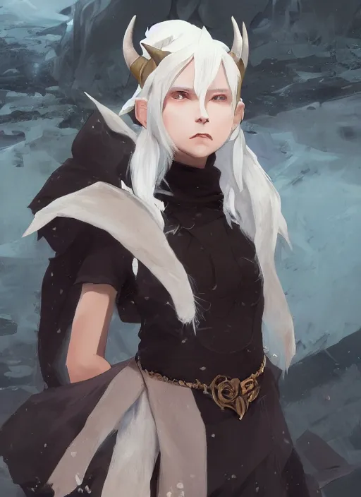 Image similar to concept art painting of a feminine person with brown skin and short white hair, demon horns, elf ears, full clothing, black clothes, blue robes, detailed, cel shaded, in the style of ruan jia and artgerm and makoto shinkai and james gurney