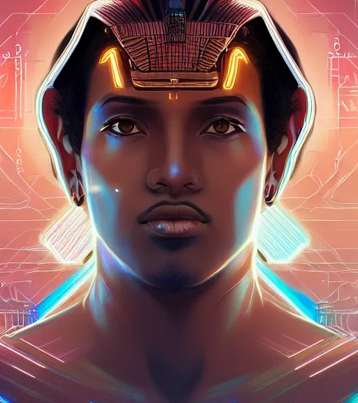 Image similar to symmetry!! egyptian prince of technology, solid cube of light, hard edges, product render retro - futuristic poster scifi, lasers and neon circuits, brown skin man egyptian prince, intricate, elegant, highly detailed, digital painting, artstation, concept art, smooth, sharp focus, illustration, dreamlike, art by artgerm