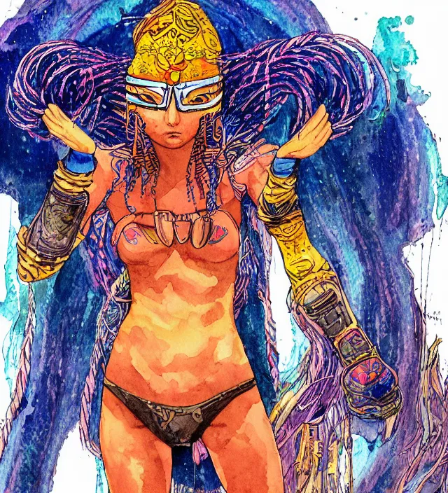 Image similar to a watercolor ink painting of female aztecian punk / raver using her mutant electrical powers in the style of jean giraud in the style of moebius trending on artstation deviantart pinterest detailed realistic hd 8 k high resolution