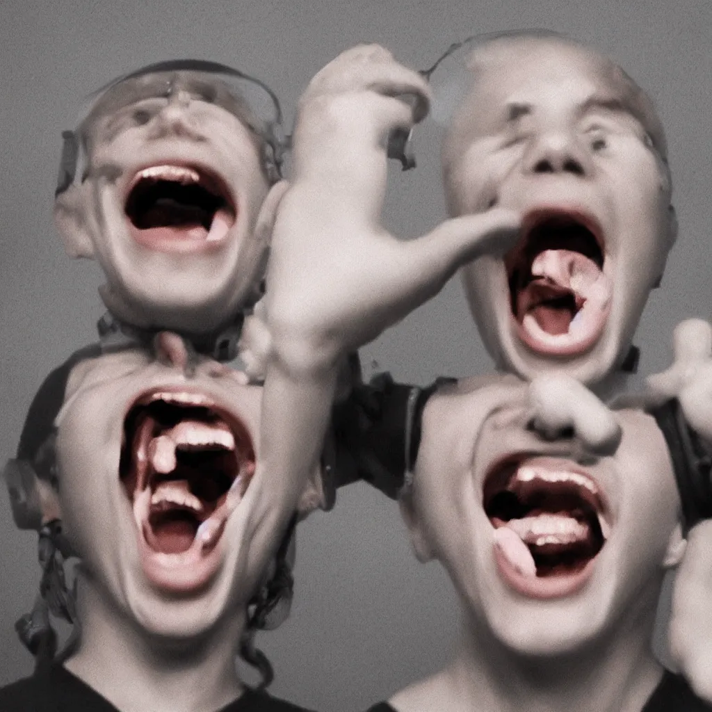 Prompt: Portrait of a non-existent person screaming to be let out of virtual reality, generated by an AI trained only on portrait images created by other AI systems,