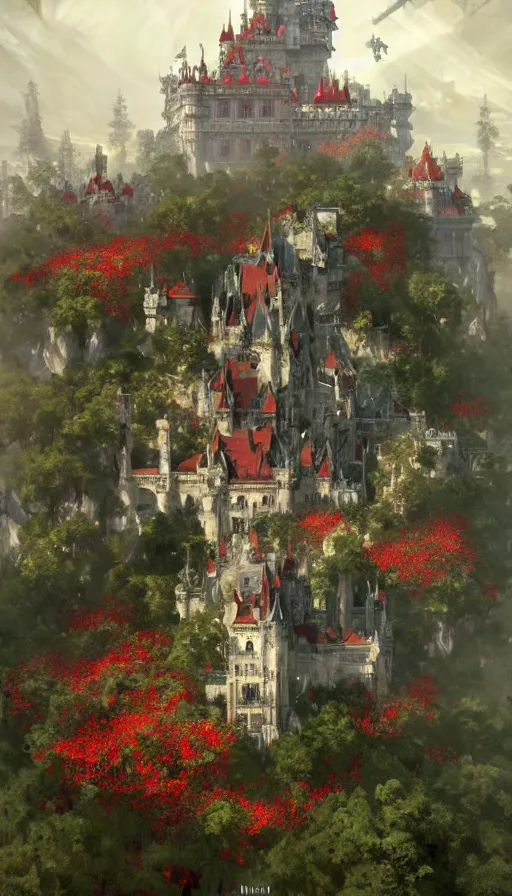 Prompt: castle seen from the sky being attacked by huge red army, cyberpunk, design on white background, beautiful details, lush foliage, drawn by john singer sargent, tom bagshaw, norman rockwell, alphonso mucha, lolish, trending on artstation