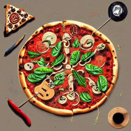 Prompt: Pizza, veggies, guitar, extremely Highly detailed, Occult, funny, humorous, humor, hilarious, funny, entertaining, magical, trending on artstationHQ, closeup, D&D, intricate, elegant, highly detailed, digital painting, artstation, concept art, matte, sharp focus, illustration, surrealism