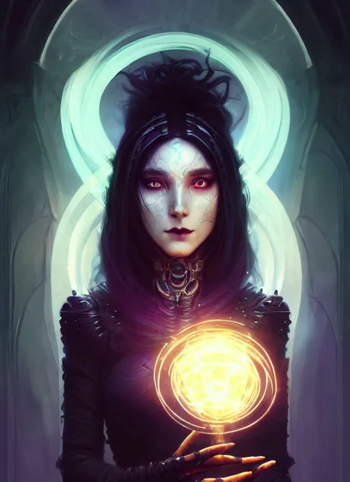 Image similar to a beautiful cinematic female Necromancer Sorceress, galatic shamen with Quantum energy fantasy, fantasy magic, short fade hair, undercut hairstyle, dark light night, intricate, elegant, sharp focus, illustration, highly detailed, digital painting, concept art, matte, art by WLOP and Artgerm and Greg Rutkowski and Alphonse Mucha, masterpiece