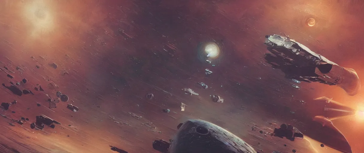 Prompt: concept art, a single spaceship, a ship drifting, deep space exploration, the expanse tv series, industrial design, dynamic angle, spatial phenomena, cinematic lighting, 4k, greebles, widescreen, wide angle, beksinski, sharp and blocky shapes