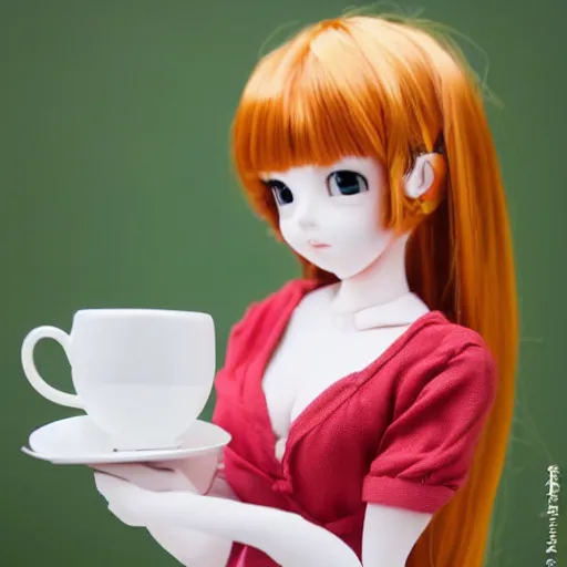 Prompt: delightfully beautiful anime style doll drinking tea