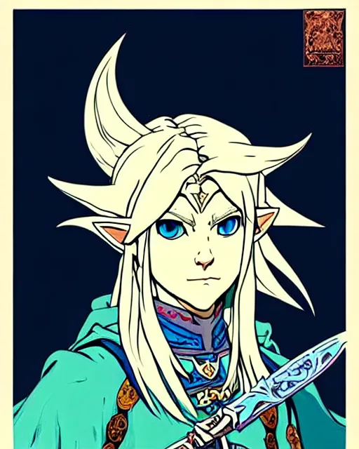 Image similar to link as the fierce diety form with white hair!! from the legend of zelda!! portrait illustration, pop art, splash painting, art by geof darrow, ashley wood, alphonse mucha, makoto shinkai